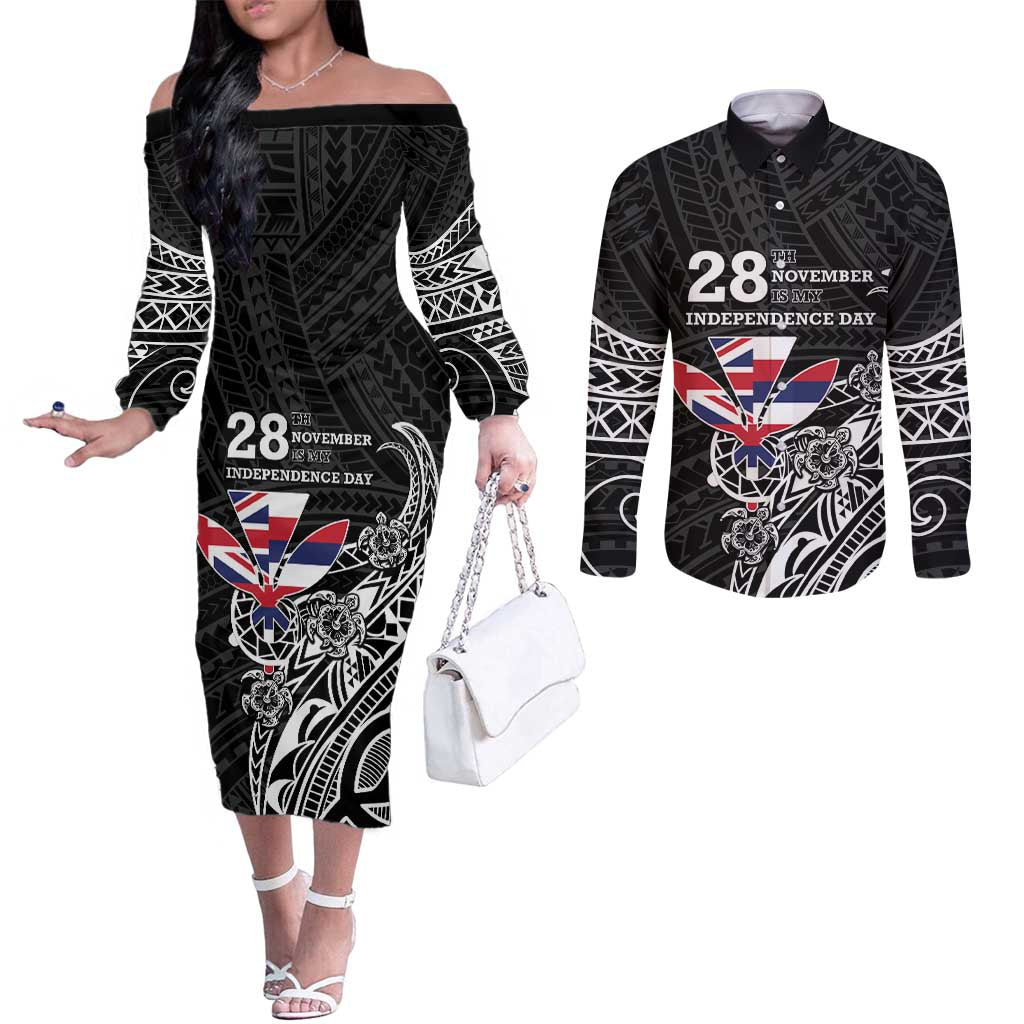 Hawaii November 28th Is My Independence Day Couples Matching Off The Shoulder Long Sleeve Dress and Long Sleeve Button Shirt