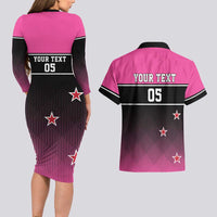 Custom New Zealand Women Cricket Couples Matching Long Sleeve Bodycon Dress and Hawaiian Shirt Pink Simple Style LT05 - Polynesian Pride