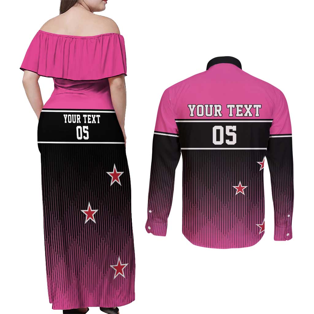 Custom New Zealand Women Cricket Couples Matching Off Shoulder Maxi Dress and Long Sleeve Button Shirt Pink Simple Style LT05 - Polynesian Pride