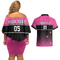 Custom New Zealand Women Cricket Couples Matching Off Shoulder Short Dress and Hawaiian Shirt Pink Simple Style LT05 - Polynesian Pride