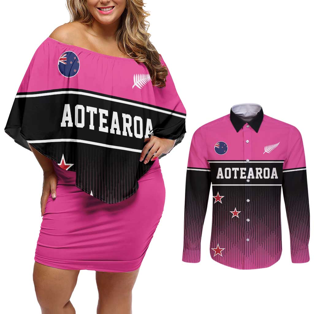 Custom New Zealand Women Cricket Couples Matching Off Shoulder Short Dress and Long Sleeve Button Shirt Pink Simple Style LT05 Pink - Polynesian Pride