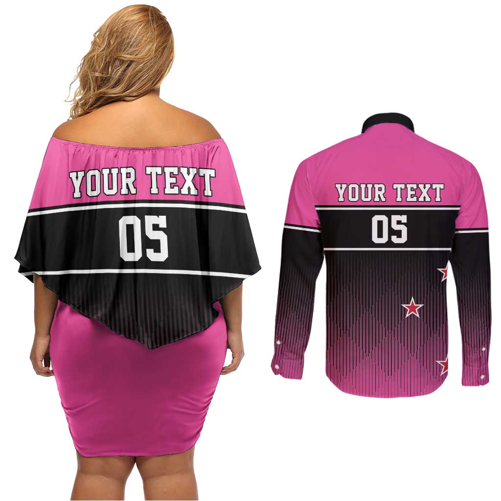 Custom New Zealand Women Cricket Couples Matching Off Shoulder Short Dress and Long Sleeve Button Shirt Pink Simple Style LT05 - Polynesian Pride