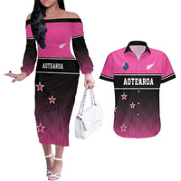 Custom New Zealand Women Cricket Couples Matching Off The Shoulder Long Sleeve Dress and Hawaiian Shirt Pink Simple Style LT05 Pink - Polynesian Pride