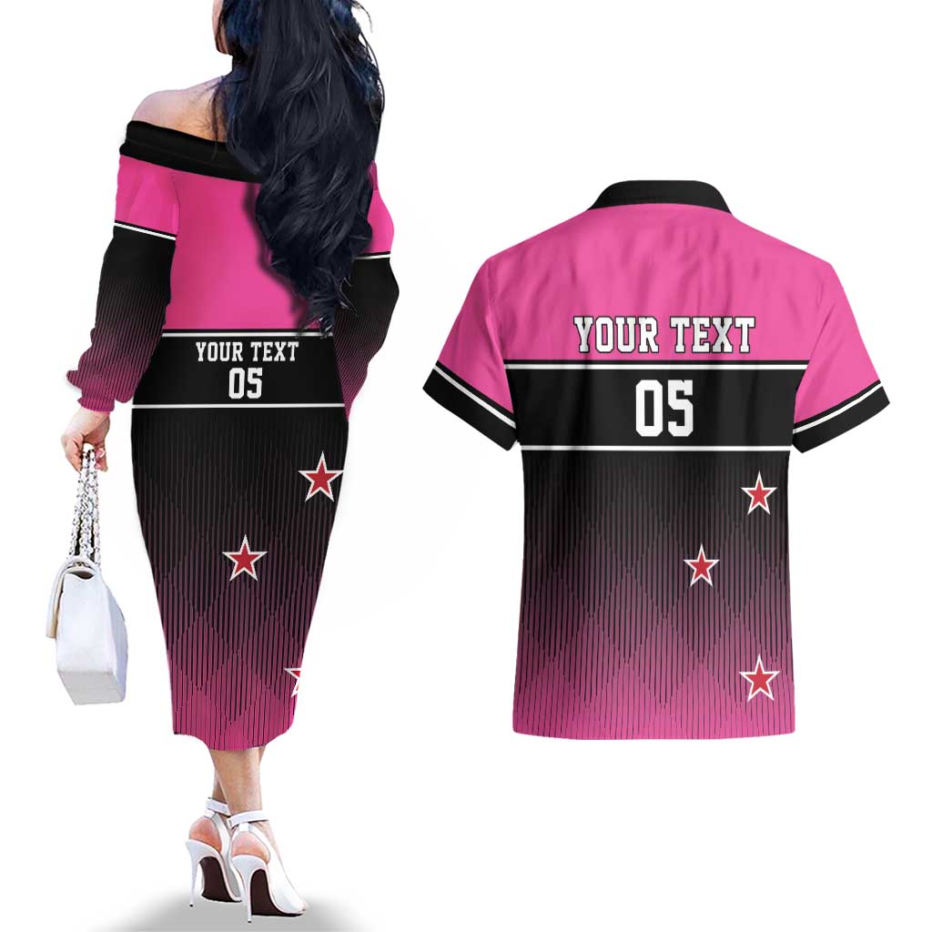 Custom New Zealand Women Cricket Couples Matching Off The Shoulder Long Sleeve Dress and Hawaiian Shirt Pink Simple Style LT05 - Polynesian Pride