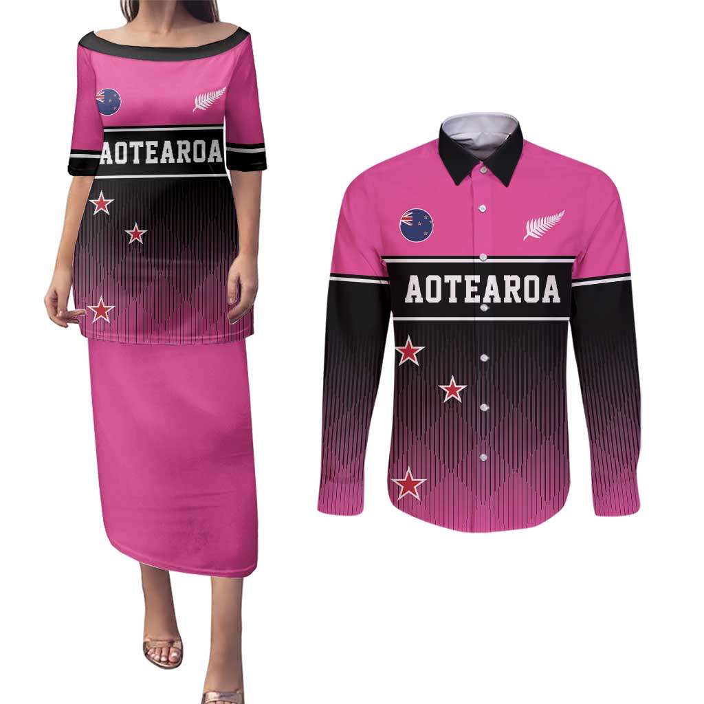 Custom New Zealand Women Cricket Couples Matching Puletasi and Long Sleeve Button Shirt Pink Simple Style LT05 Pink - Polynesian Pride