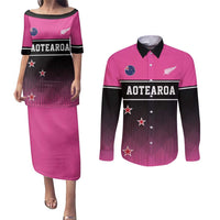 Custom New Zealand Women Cricket Couples Matching Puletasi and Long Sleeve Button Shirt Pink Simple Style LT05 Pink - Polynesian Pride