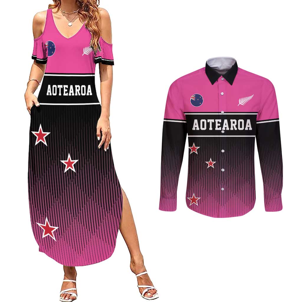 Custom New Zealand Women Cricket Couples Matching Summer Maxi Dress and Long Sleeve Button Shirt Pink Simple Style LT05 Pink - Polynesian Pride