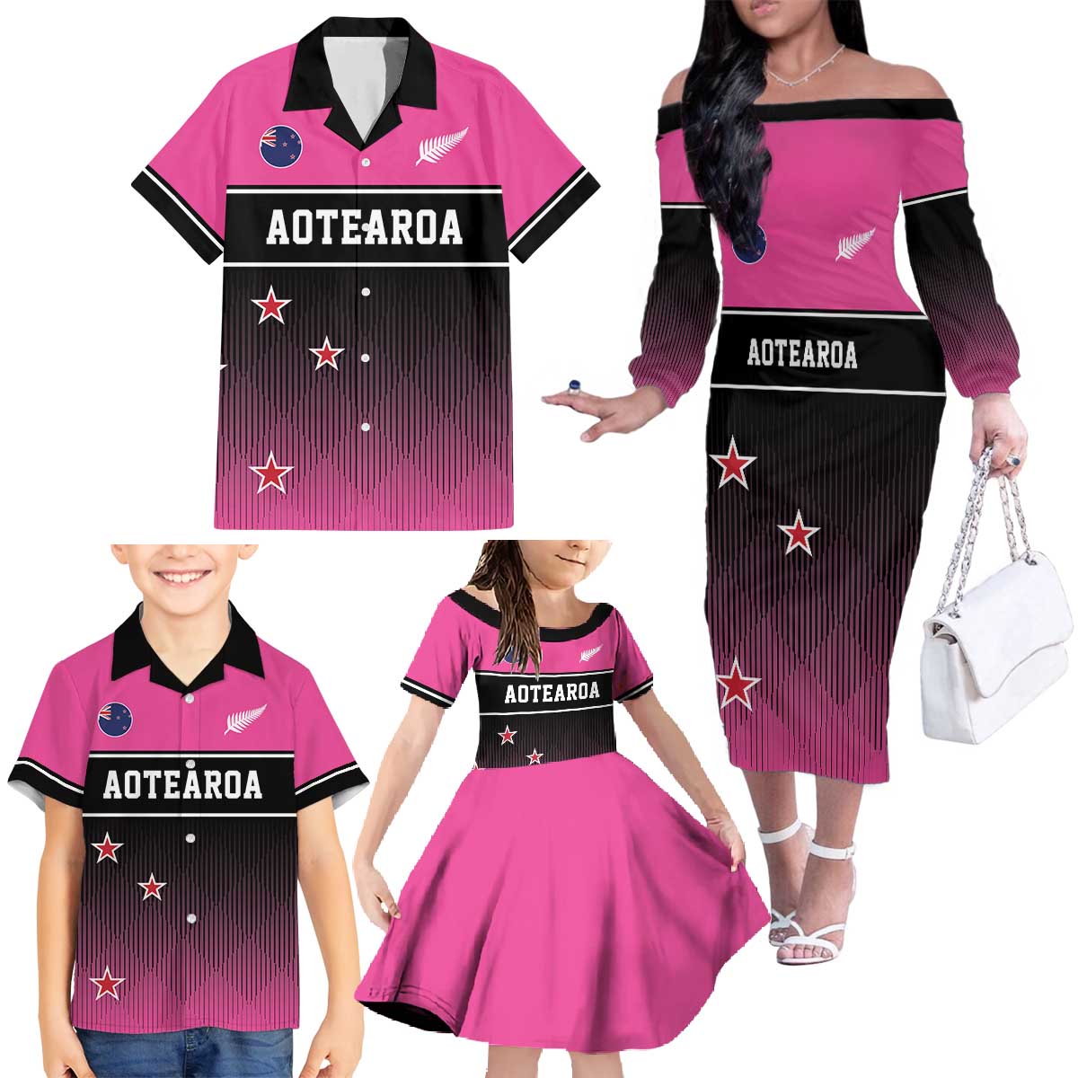 Custom New Zealand Women Cricket Family Matching Off The Shoulder Long Sleeve Dress and Hawaiian Shirt Pink Simple Style LT05 - Polynesian Pride