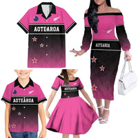Custom New Zealand Women Cricket Family Matching Off The Shoulder Long Sleeve Dress and Hawaiian Shirt Pink Simple Style LT05 - Polynesian Pride