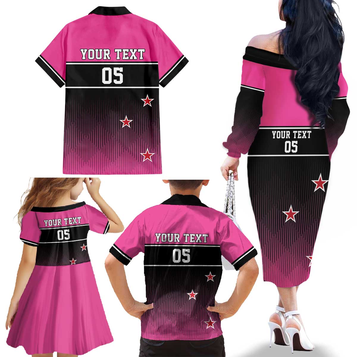 Custom New Zealand Women Cricket Family Matching Off The Shoulder Long Sleeve Dress and Hawaiian Shirt Pink Simple Style LT05 - Polynesian Pride