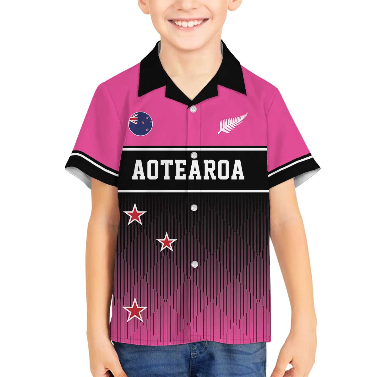 Custom New Zealand Women Cricket Family Matching Off The Shoulder Long Sleeve Dress and Hawaiian Shirt Pink Simple Style LT05 Son's Shirt Pink - Polynesian Pride