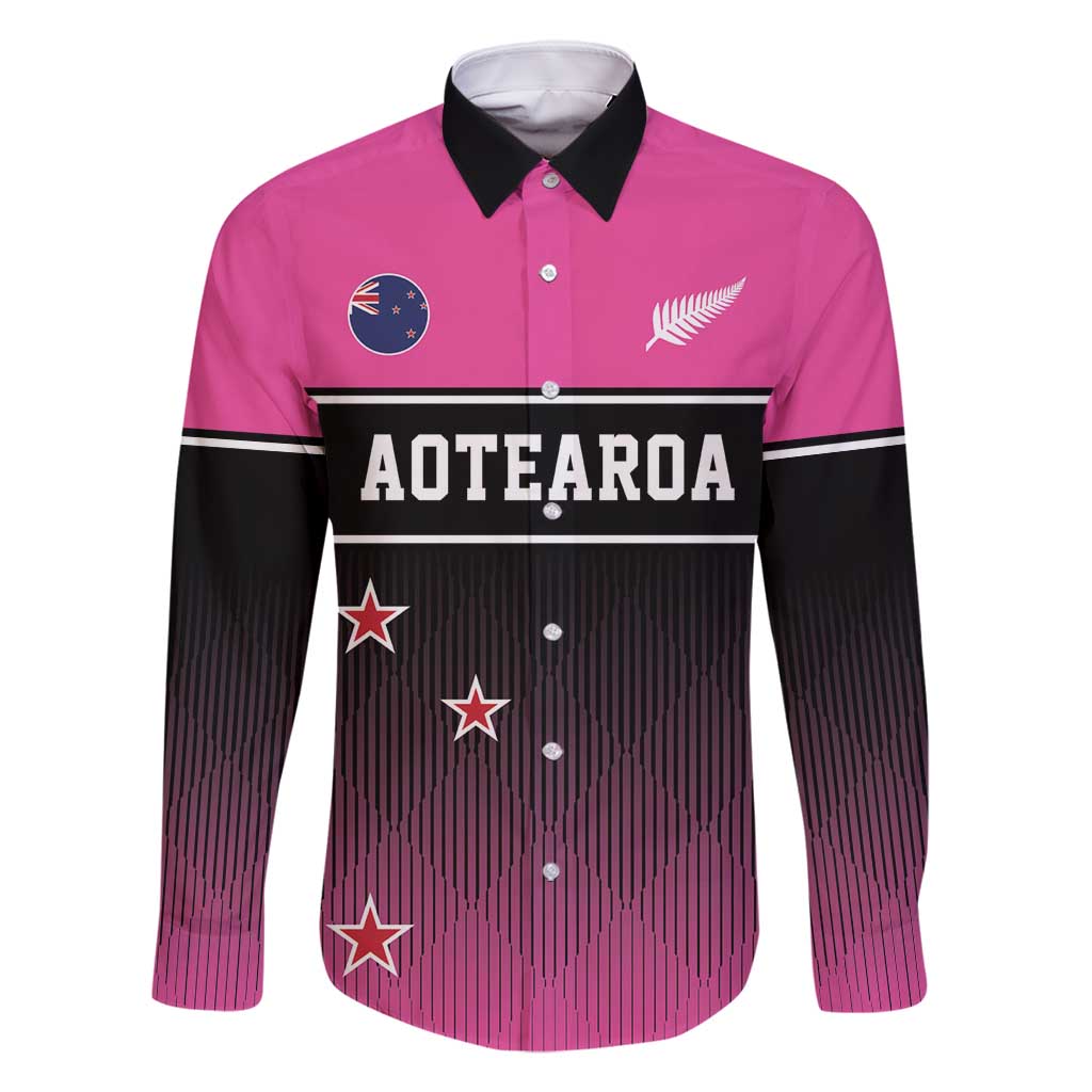 Custom New Zealand Women Cricket Family Matching Off Shoulder Maxi Dress and Hawaiian Shirt Pink Simple Style LT05 Dad's Shirt - Long Sleeve Pink - Polynesian Pride