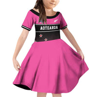 Custom New Zealand Women Cricket Family Matching Off Shoulder Short Dress and Hawaiian Shirt Pink Simple Style LT05 Daughter's Dress Pink - Polynesian Pride