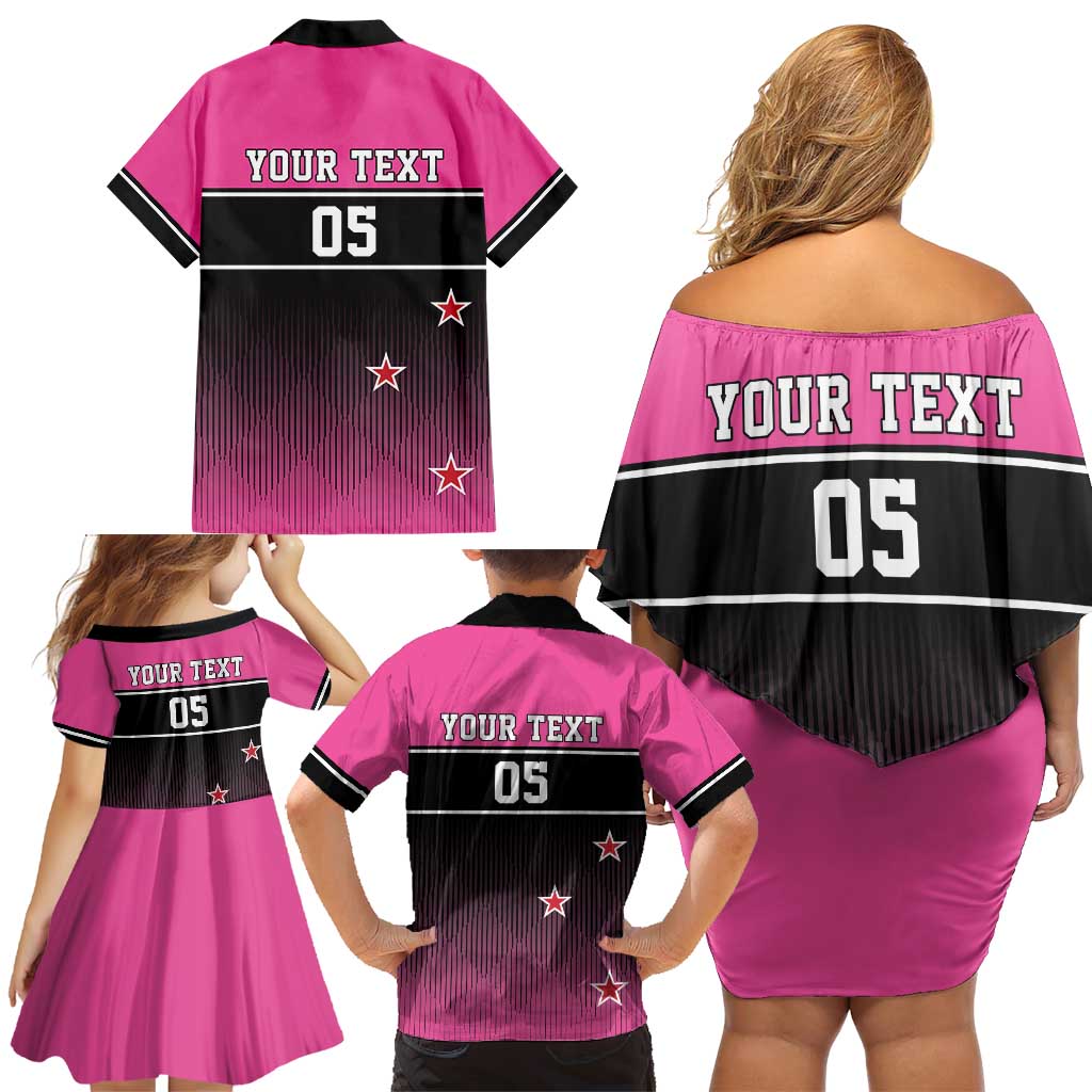 Custom New Zealand Women Cricket Family Matching Off Shoulder Short Dress and Hawaiian Shirt Pink Simple Style LT05 - Polynesian Pride