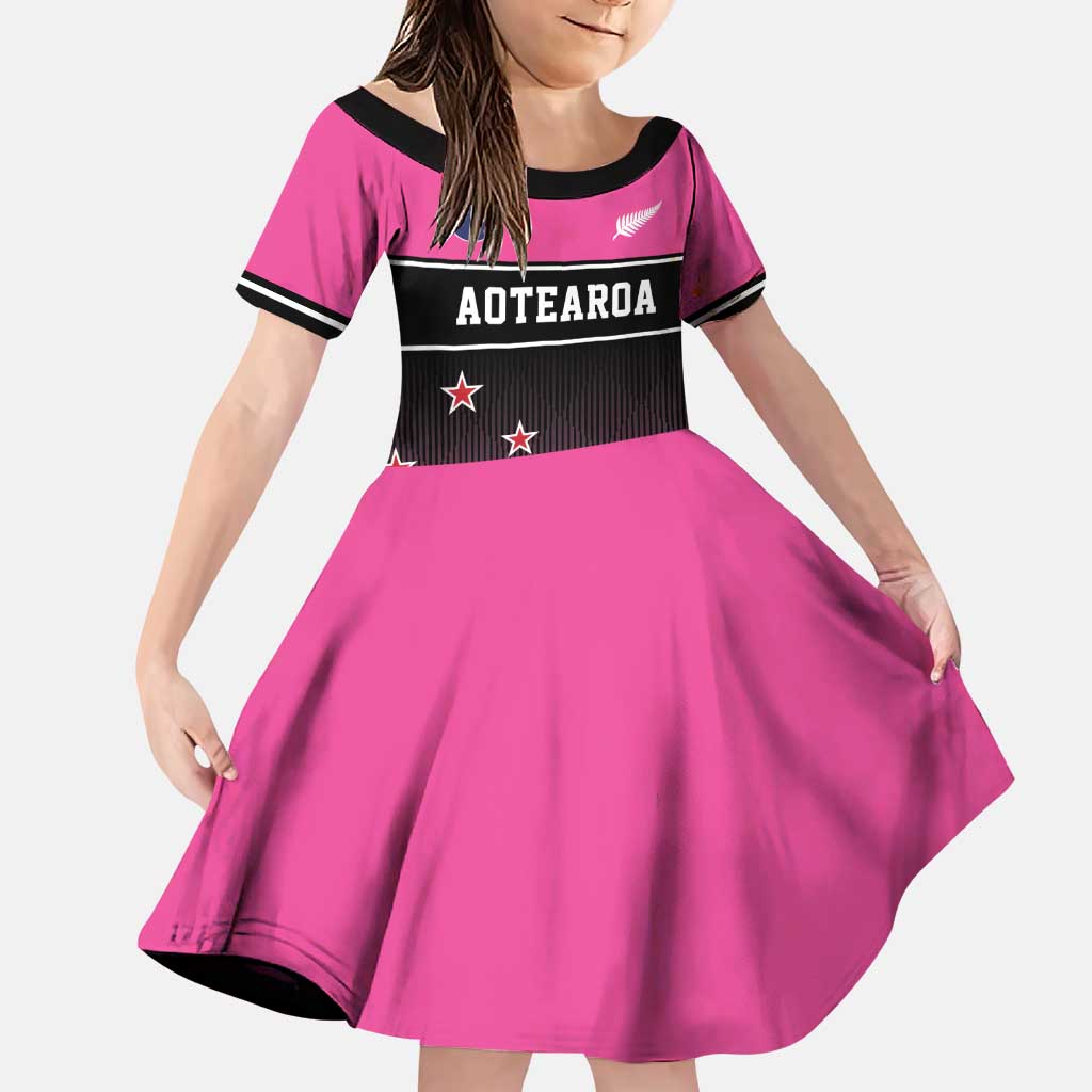 Custom New Zealand Women Cricket Family Matching Puletasi and Hawaiian Shirt Pink Simple Style LT05 Daughter's Dress Pink - Polynesian Pride