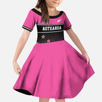 Custom New Zealand Women Cricket Family Matching Puletasi and Hawaiian Shirt Pink Simple Style LT05 Daughter's Dress Pink - Polynesian Pride