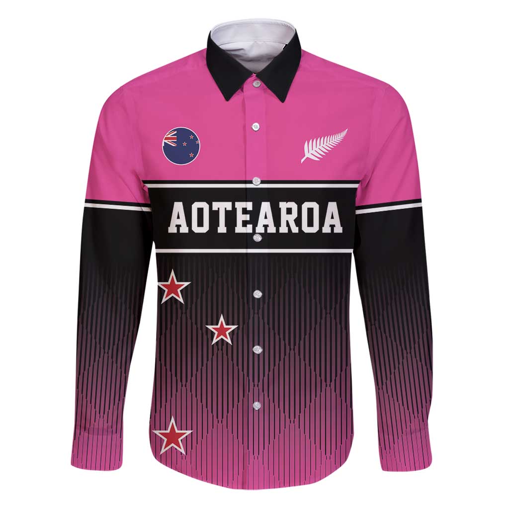 Custom New Zealand Women Cricket Family Matching Puletasi and Hawaiian Shirt Pink Simple Style LT05 Dad's Shirt - Long Sleeve Pink - Polynesian Pride