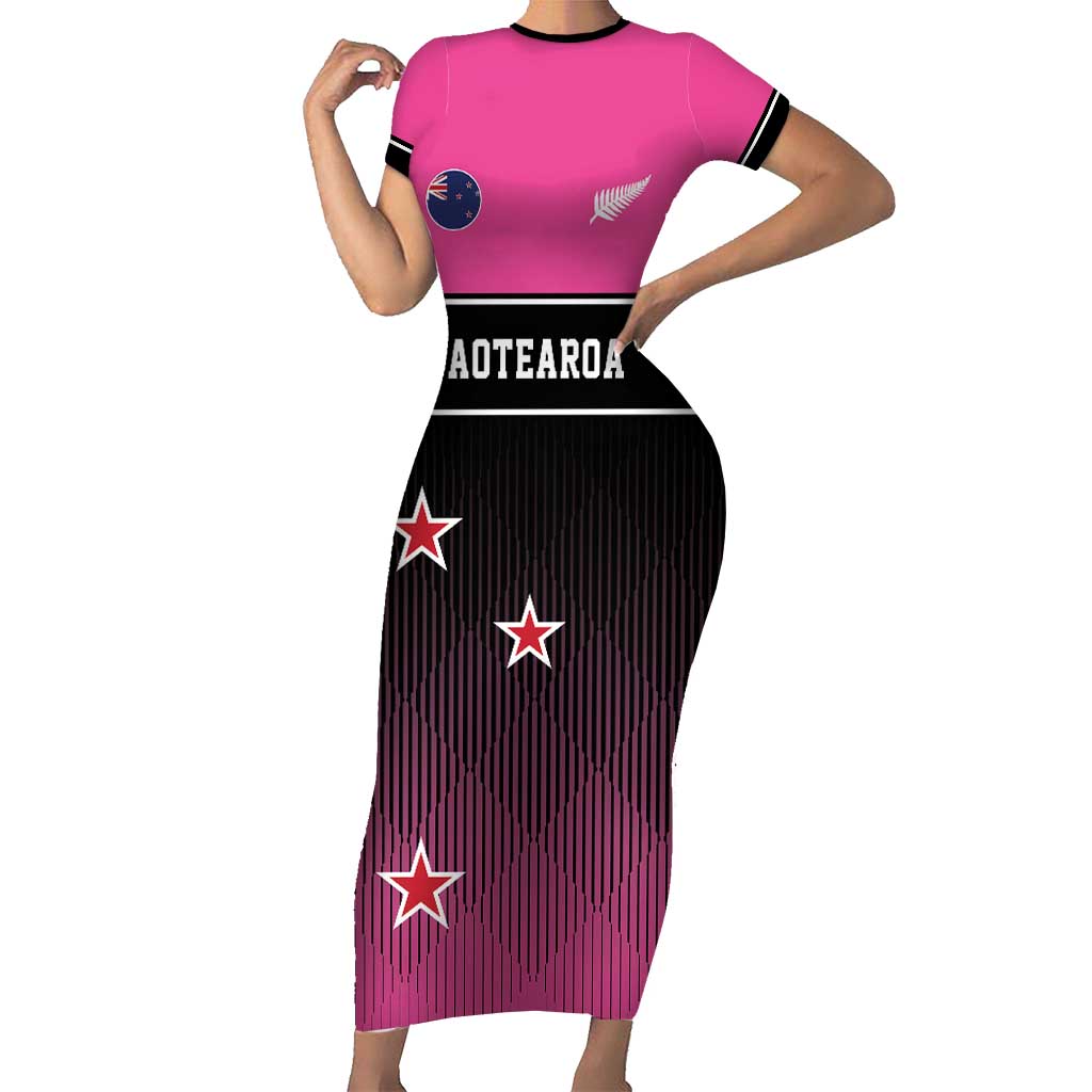 Custom New Zealand Women Cricket Family Matching Short Sleeve Bodycon Dress and Hawaiian Shirt Pink Simple Style LT05 Mom's Dress Pink - Polynesian Pride