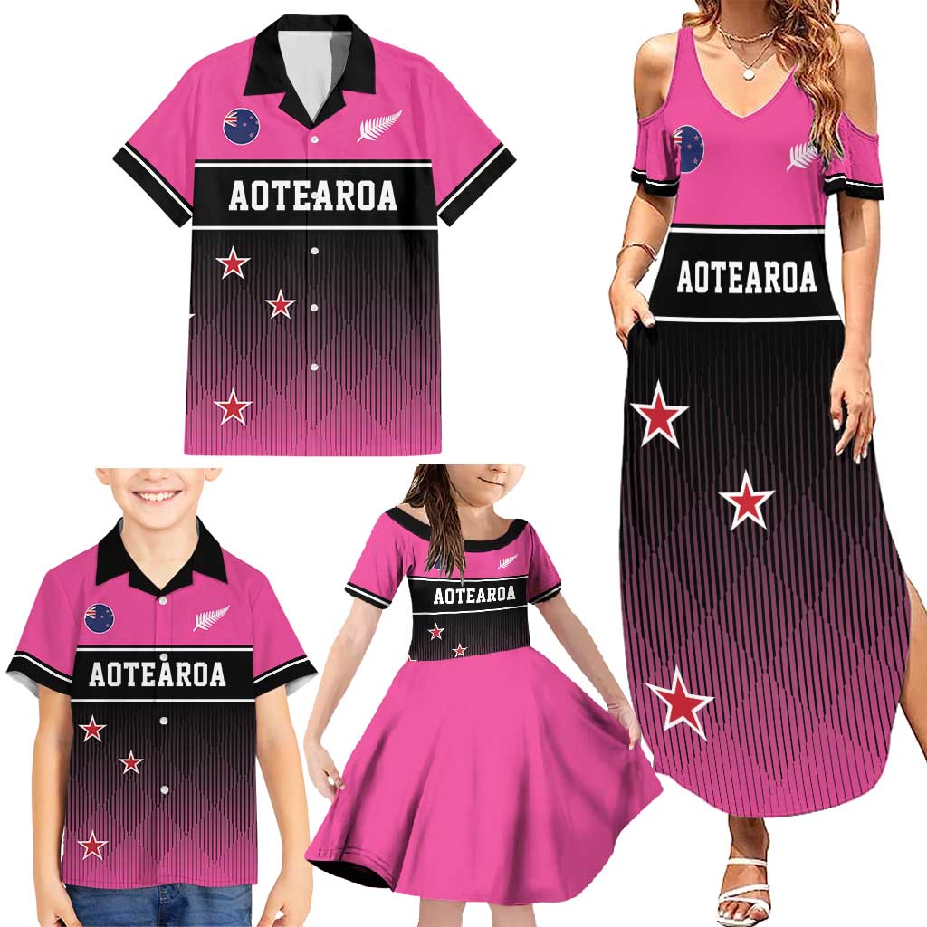 Custom New Zealand Women Cricket Family Matching Summer Maxi Dress and Hawaiian Shirt Pink Simple Style LT05 - Polynesian Pride