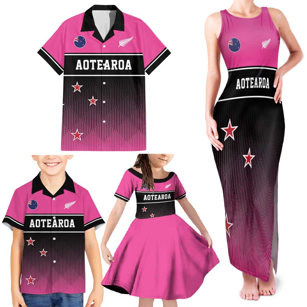Custom New Zealand Women Cricket Family Matching Tank Maxi Dress and Hawaiian Shirt Pink Simple Style LT05 - Polynesian Pride