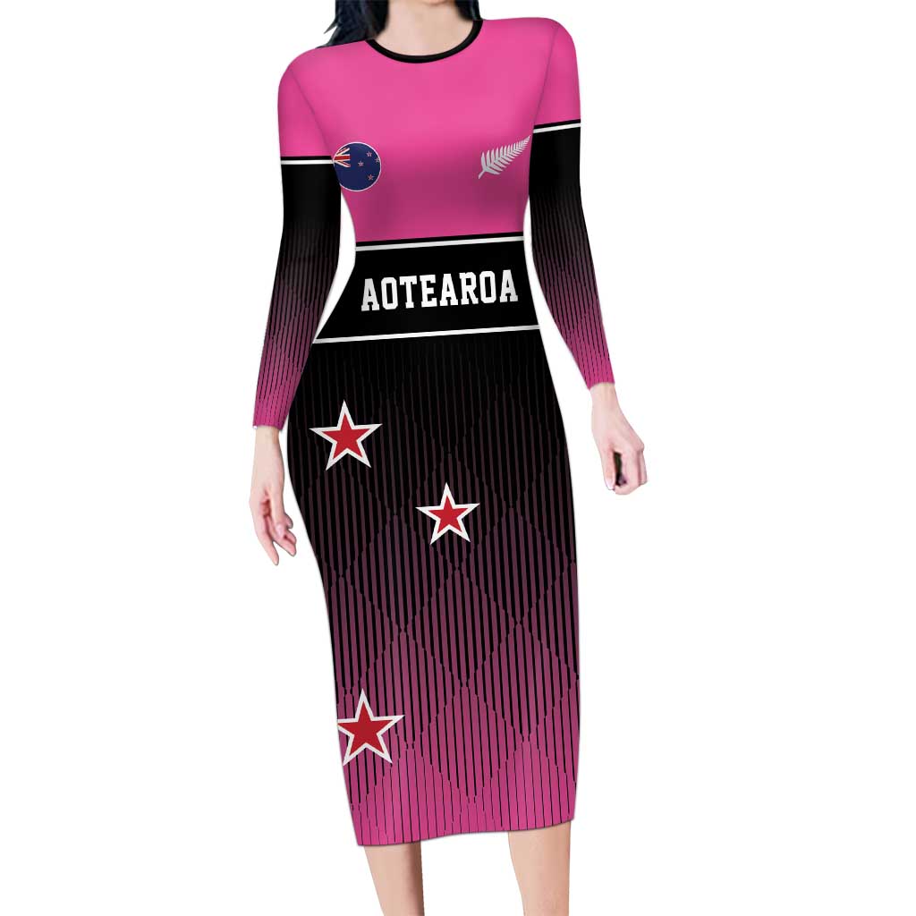 Custom New Zealand Women Cricket Long Sleeve Bodycon Dress Pink Simple Style LT05 Long Dress Pink - Polynesian Pride