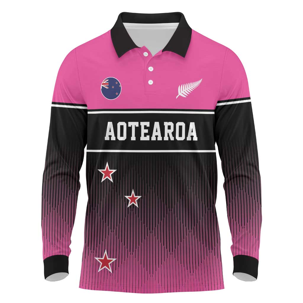 Custom New Zealand Women Cricket Long Sleeve Polo Shirt Pink Simple Style LT05 Pink - Polynesian Pride