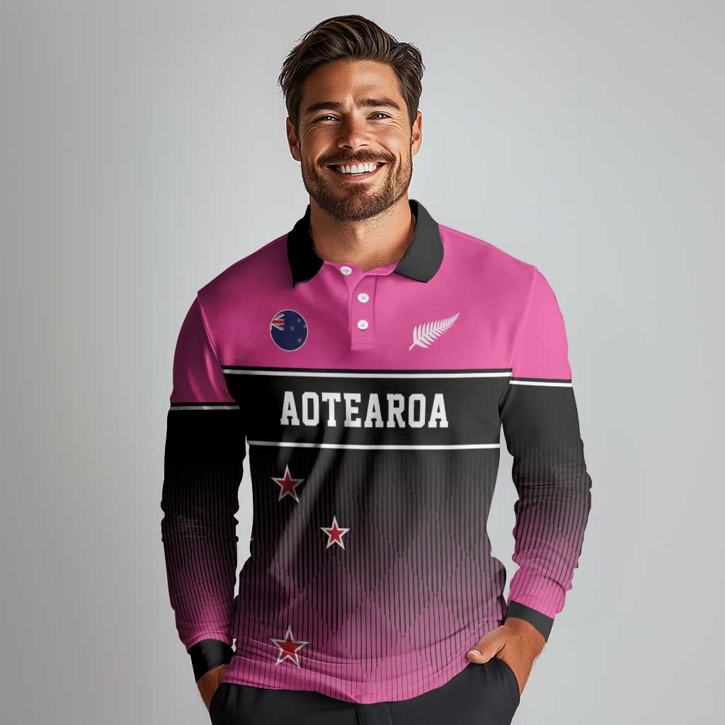Custom New Zealand Women Cricket Long Sleeve Polo Shirt Pink Simple Style LT05 - Polynesian Pride