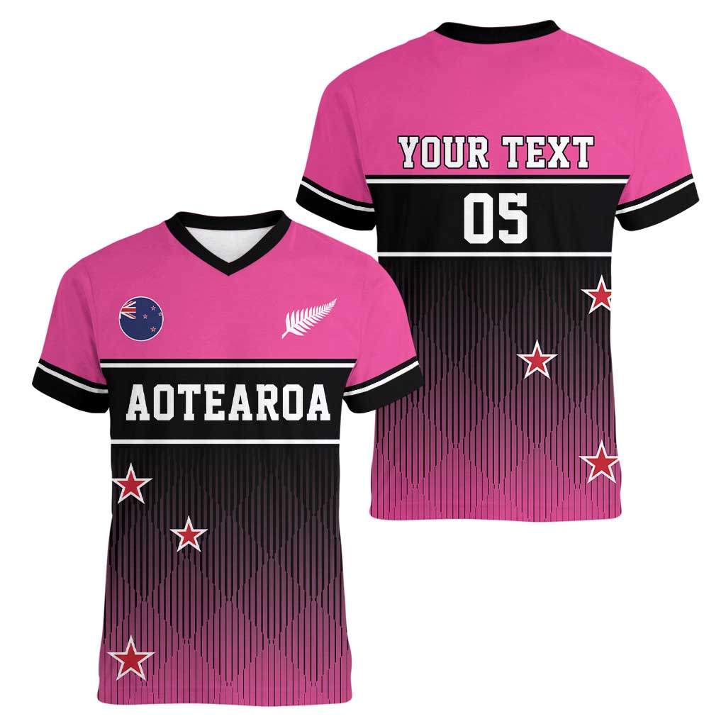 Custom New Zealand Women Cricket Women V-Neck T-Shirt Pink Simple Style LT05 - Polynesian Pride