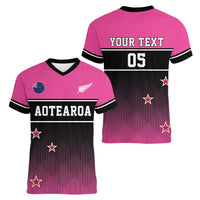 Custom New Zealand Women Cricket Women V-Neck T-Shirt Pink Simple Style LT05 - Polynesian Pride