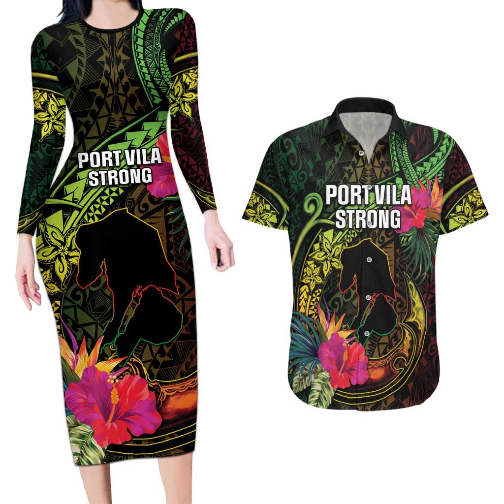 Vanuatu Couples Matching Long Sleeve Bodycon Dress and Hawaiian Shirt Be Strong Pray For Port Vila LT05 Black - Polynesian Pride