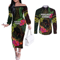 Vanuatu Couples Matching Off The Shoulder Long Sleeve Dress and Long Sleeve Button Shirt Be Strong Pray For Port Vila LT05 Black - Polynesian Pride