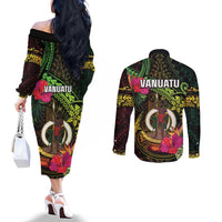 Vanuatu Couples Matching Off The Shoulder Long Sleeve Dress and Long Sleeve Button Shirt Be Strong Pray For Port Vila LT05 - Polynesian Pride