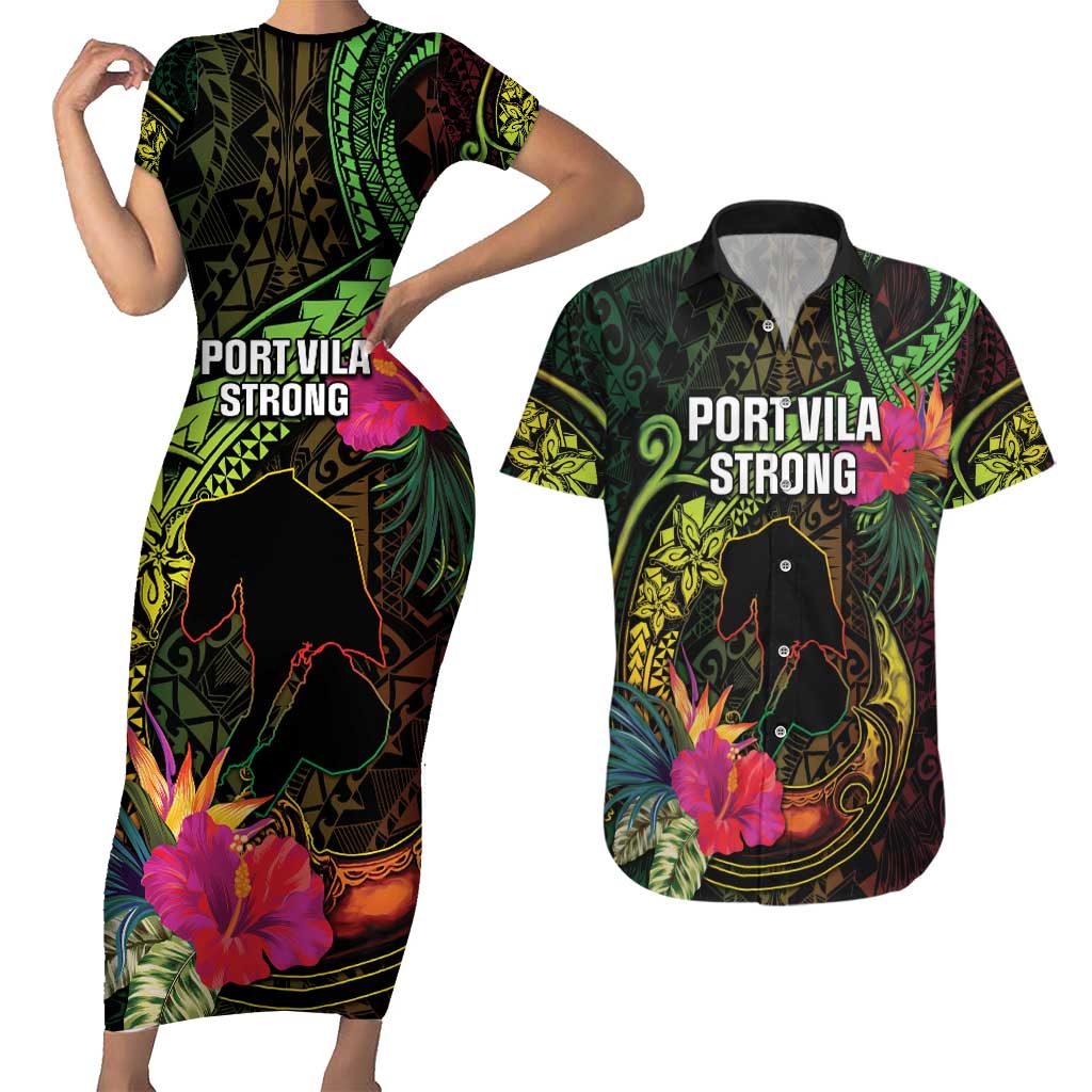 Vanuatu Couples Matching Short Sleeve Bodycon Dress and Hawaiian Shirt Be Strong Pray For Port Vila LT05 Black - Polynesian Pride
