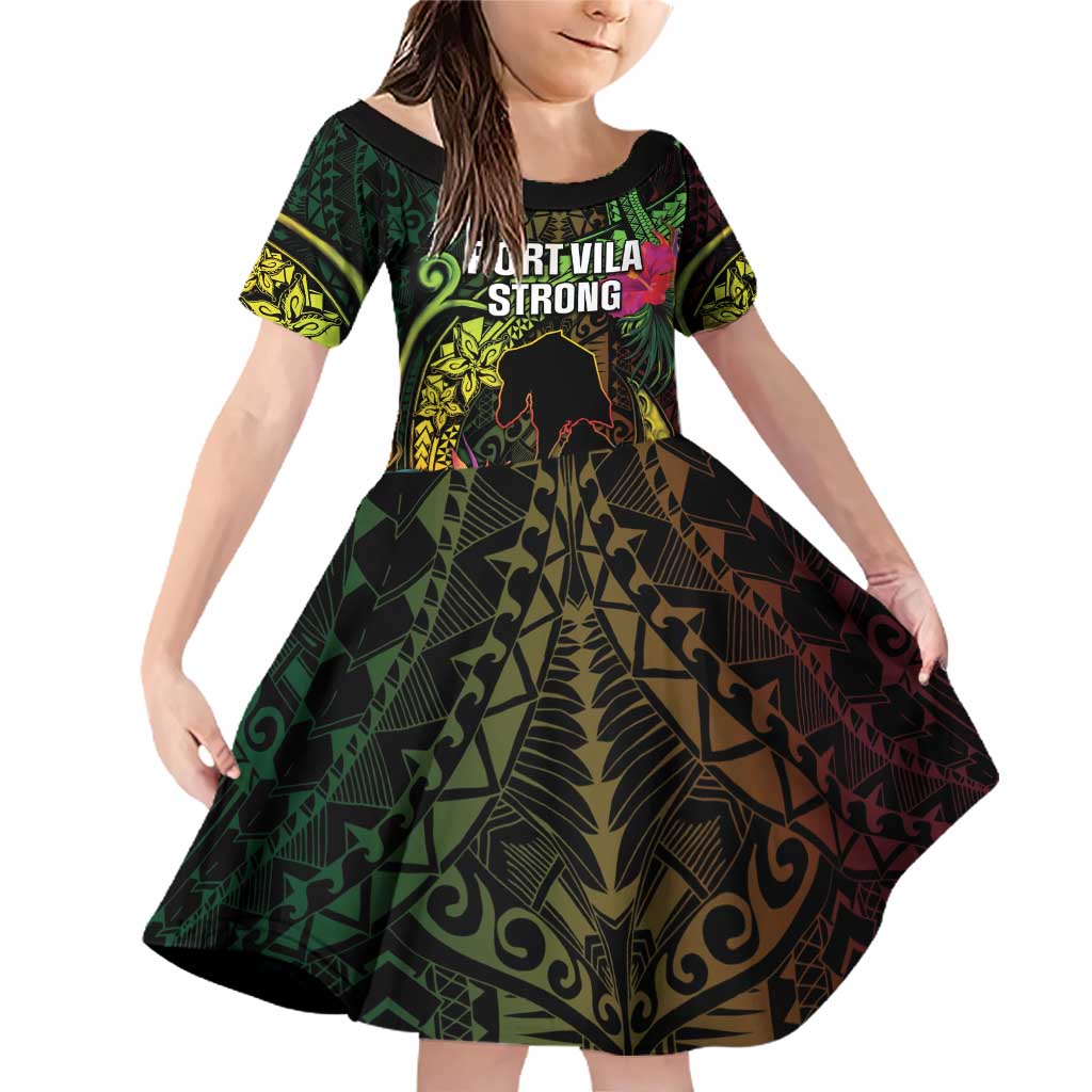 Vanuatu Family Matching Off Shoulder Short Dress and Hawaiian Shirt Be Strong Pray For Port Vila LT05 Daughter's Dress Black - Polynesian Pride