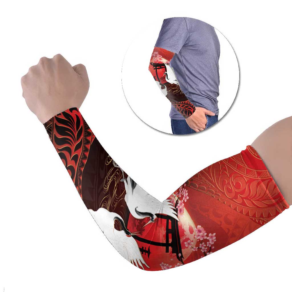 Hawaii and Japan Together Arm Sleeves Polynesian Art Tattoo With Cranes And Sakura LT05 Set of 2 Red - Polynesian Pride