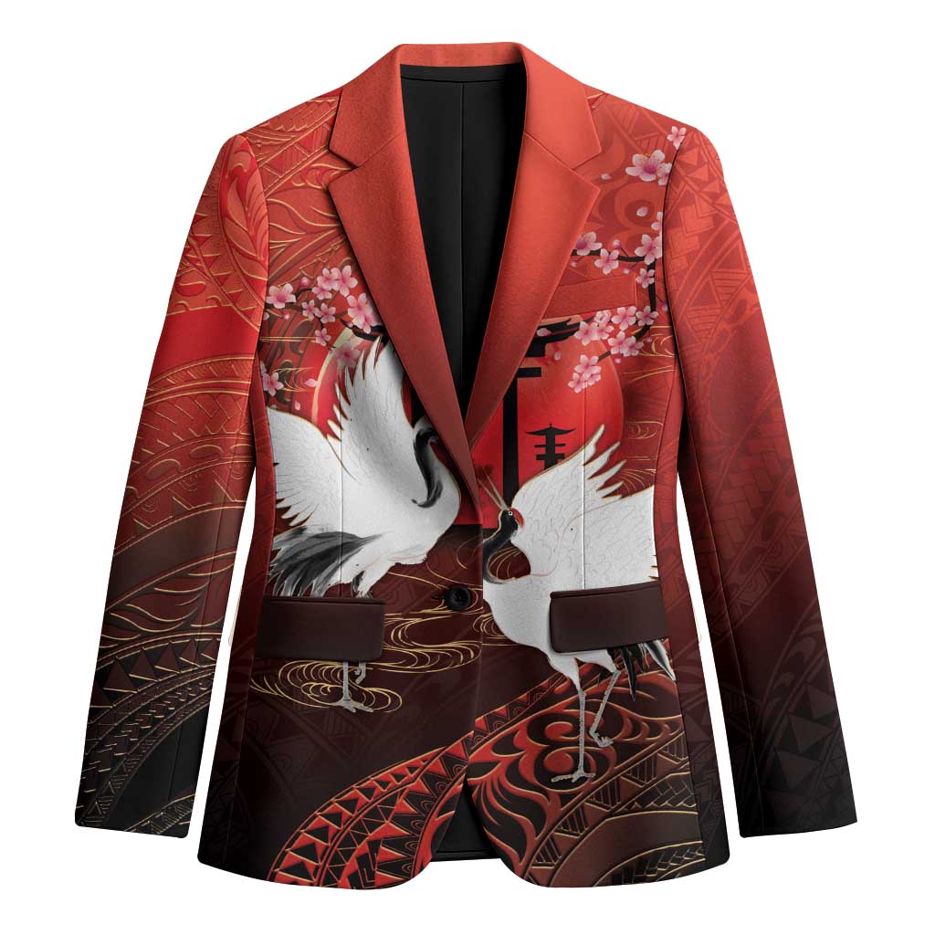 Hawaii and Japan Together Blazer Polynesian Art Tattoo With Cranes And Sakura LT05 Unisex Red - Polynesian Pride
