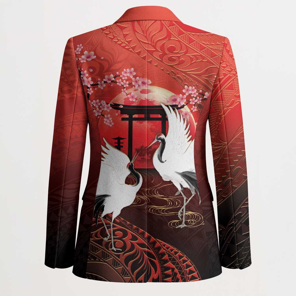 Hawaii and Japan Together Blazer Polynesian Art Tattoo With Cranes And Sakura LT05 - Polynesian Pride