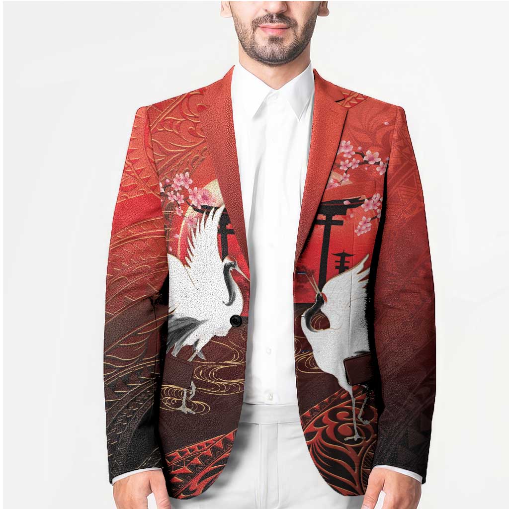 Hawaii and Japan Together Blazer Polynesian Art Tattoo With Cranes And Sakura LT05 - Polynesian Pride