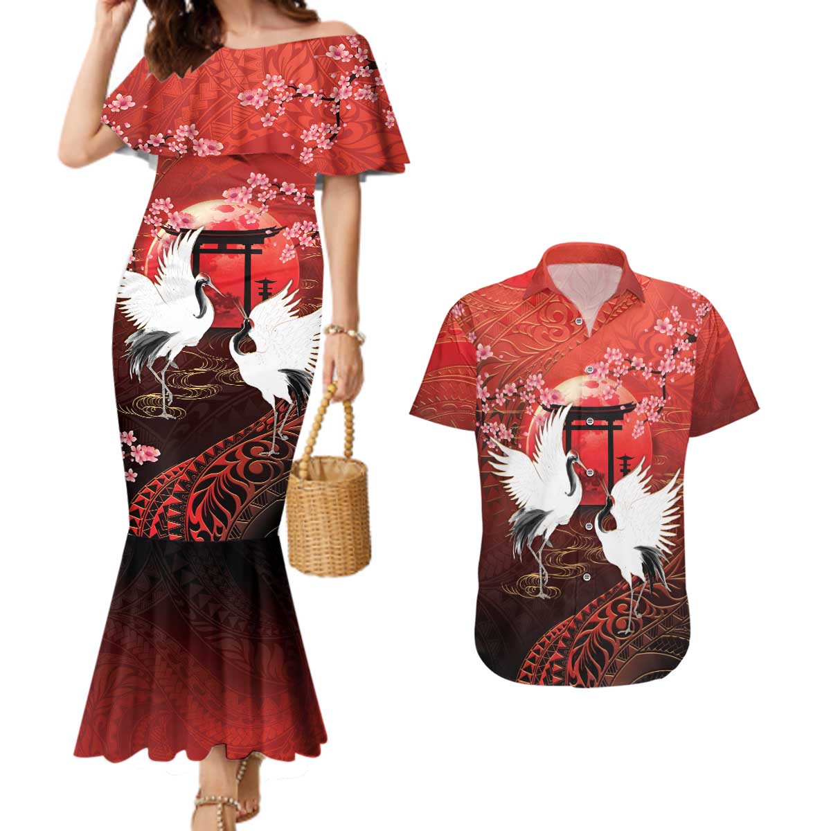 Hawaii and Japan Together Couples Matching Mermaid Dress and Hawaiian Shirt Polynesian Art Tattoo With Cranes And Sakura LT05 Red - Polynesian Pride