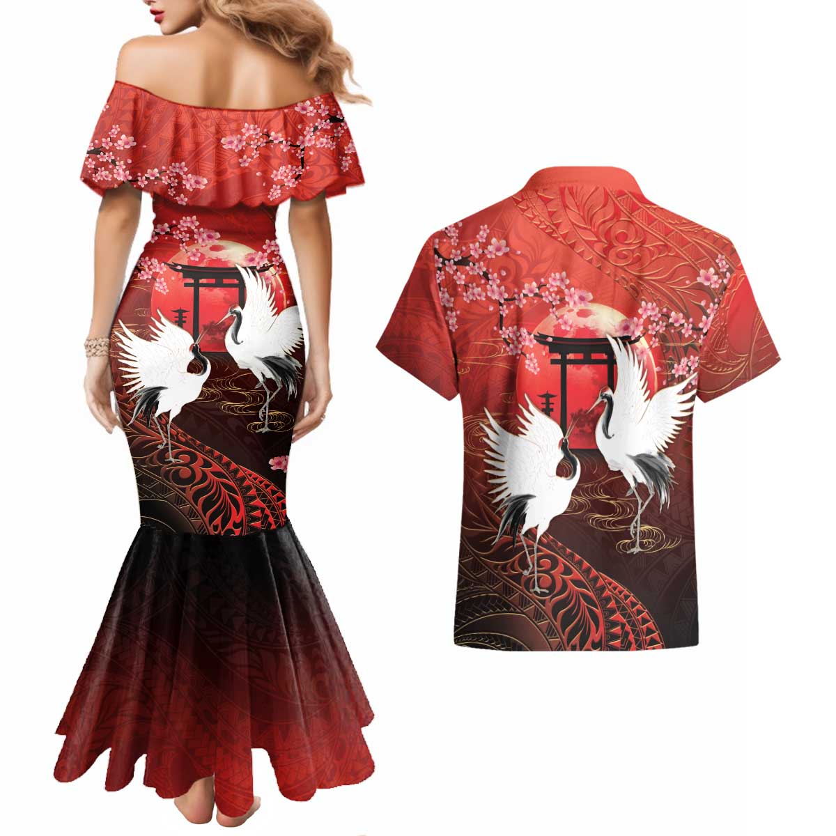 Hawaii and Japan Together Couples Matching Mermaid Dress and Hawaiian Shirt Polynesian Art Tattoo With Cranes And Sakura LT05 - Polynesian Pride