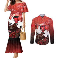 Hawaii and Japan Together Couples Matching Mermaid Dress and Long Sleeve Button Shirt Polynesian Art Tattoo With Cranes And Sakura LT05 Red - Polynesian Pride