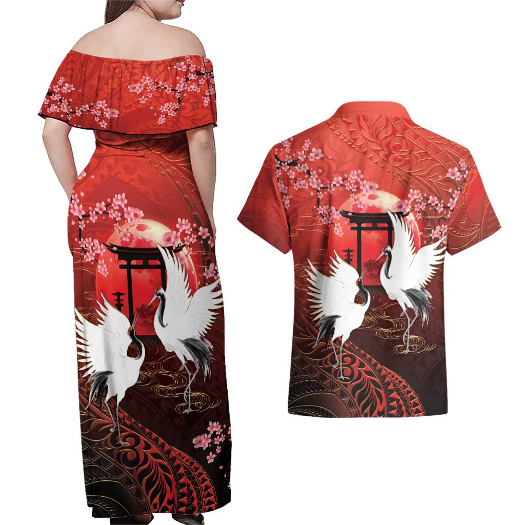 Hawaii and Japan Together Couples Matching Off Shoulder Maxi Dress and Hawaiian Shirt Polynesian Art Tattoo With Cranes And Sakura LT05 - Polynesian Pride