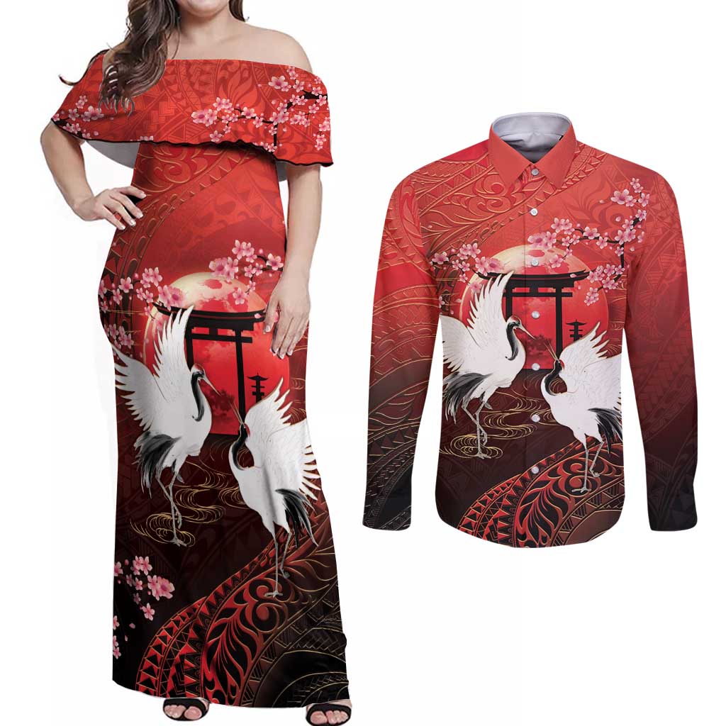 Hawaii and Japan Together Couples Matching Off Shoulder Maxi Dress and Long Sleeve Button Shirt Polynesian Art Tattoo With Cranes And Sakura LT05 Red - Polynesian Pride
