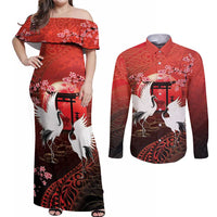 Hawaii and Japan Together Couples Matching Off Shoulder Maxi Dress and Long Sleeve Button Shirt Polynesian Art Tattoo With Cranes And Sakura LT05 Red - Polynesian Pride