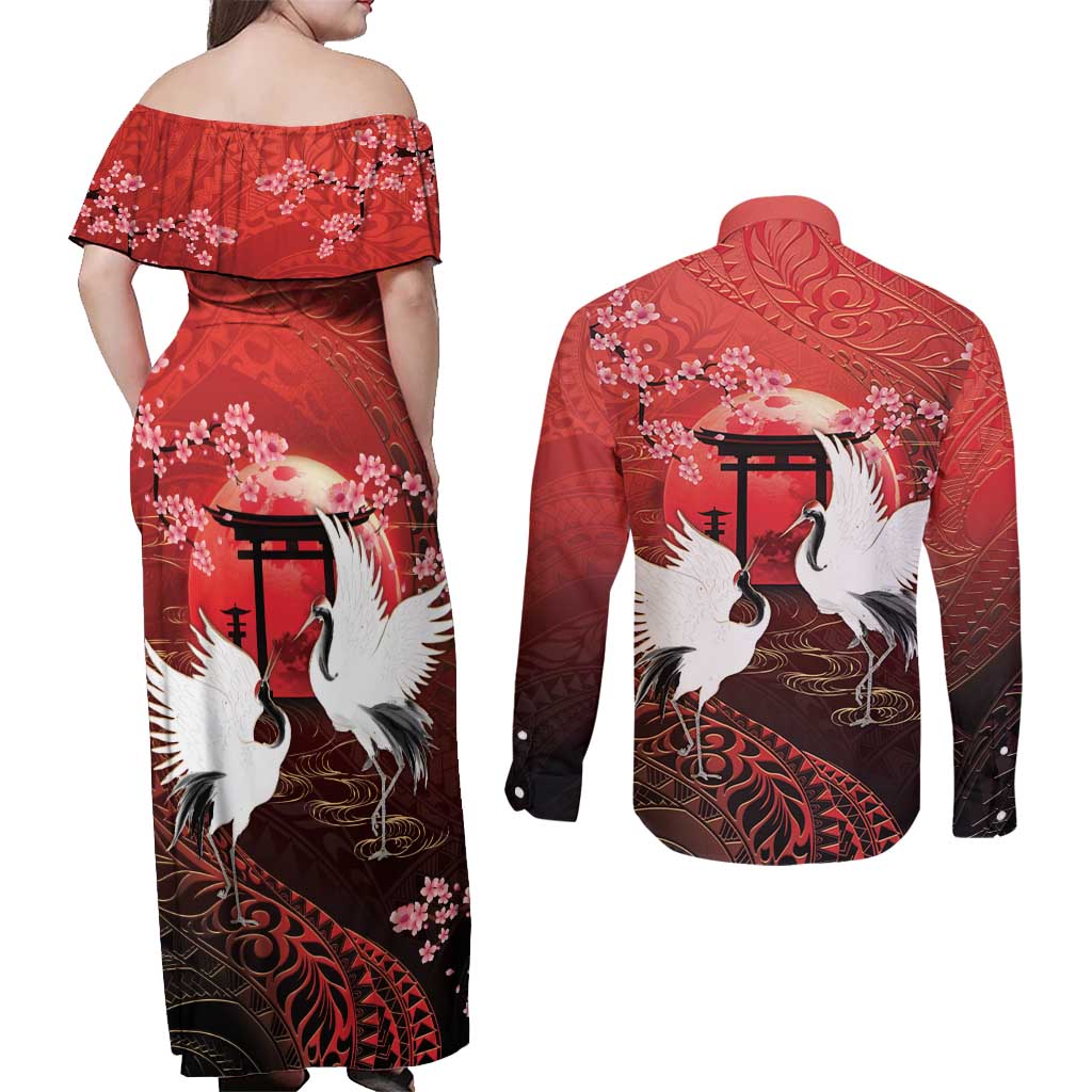 Hawaii and Japan Together Couples Matching Off Shoulder Maxi Dress and Long Sleeve Button Shirt Polynesian Art Tattoo With Cranes And Sakura LT05 - Polynesian Pride