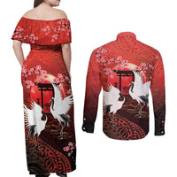 Hawaii and Japan Together Couples Matching Off Shoulder Maxi Dress and Long Sleeve Button Shirt Polynesian Art Tattoo With Cranes And Sakura LT05 - Polynesian Pride