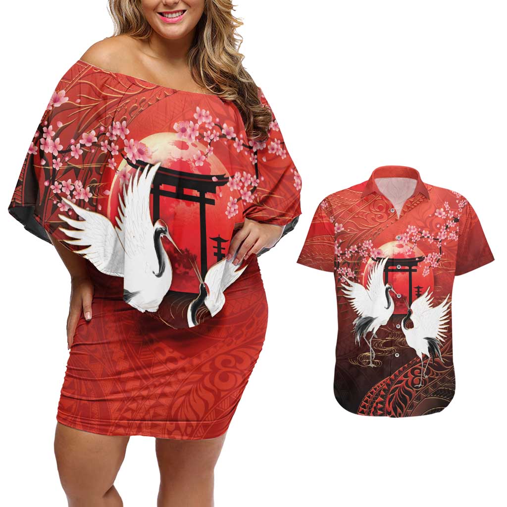 Hawaii and Japan Together Couples Matching Off Shoulder Short Dress and Hawaiian Shirt Polynesian Art Tattoo With Cranes And Sakura LT05 Red - Polynesian Pride