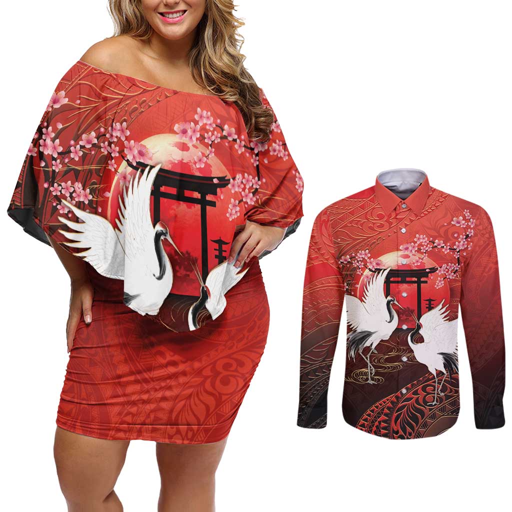 Hawaii and Japan Together Couples Matching Off Shoulder Short Dress and Long Sleeve Button Shirt Polynesian Art Tattoo With Cranes And Sakura LT05 Red - Polynesian Pride