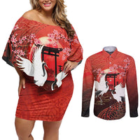 Hawaii and Japan Together Couples Matching Off Shoulder Short Dress and Long Sleeve Button Shirt Polynesian Art Tattoo With Cranes And Sakura LT05 Red - Polynesian Pride
