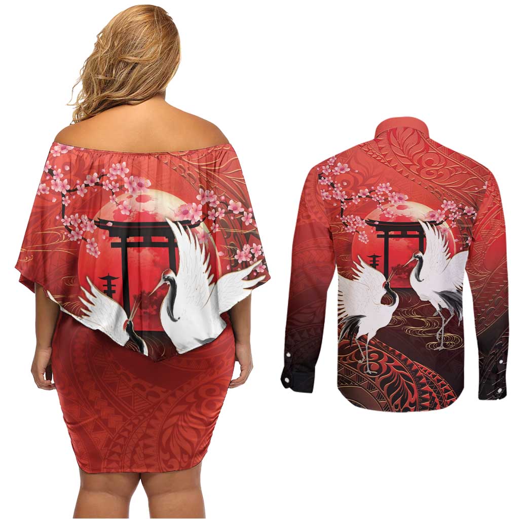 Hawaii and Japan Together Couples Matching Off Shoulder Short Dress and Long Sleeve Button Shirt Polynesian Art Tattoo With Cranes And Sakura LT05 - Polynesian Pride